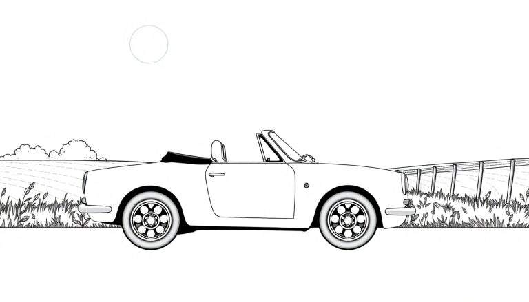 Une voiture décapotable blanche dessinée avec des lignes noires sur une route de campagne, prête à être coloriée.