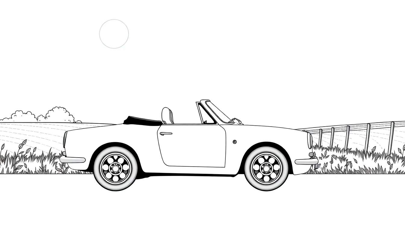 Une voiture décapotable blanche dessinée avec des lignes noires sur une route de campagne, prête à être coloriée.