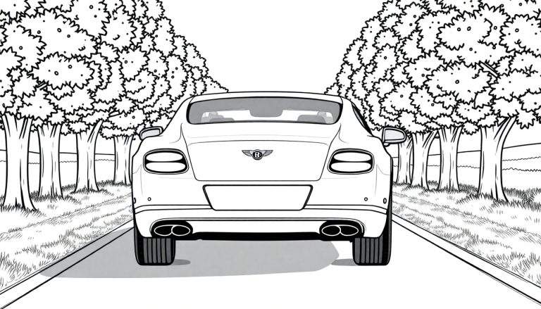 Voiture Bentley Continental GT blanche à colorier vue de l'arrière sur une route ombragée.
