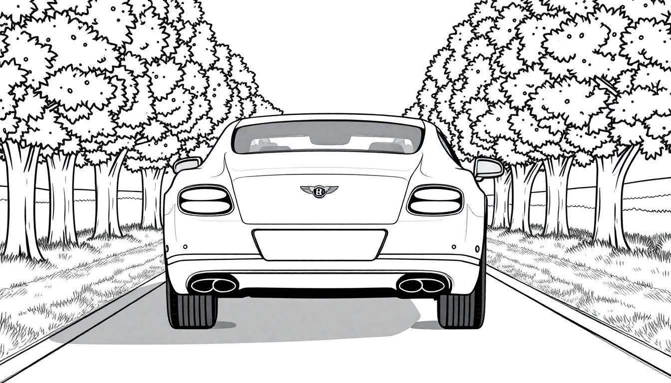 Voiture Bentley Continental GT blanche à colorier vue de l'arrière sur une route ombragée.
