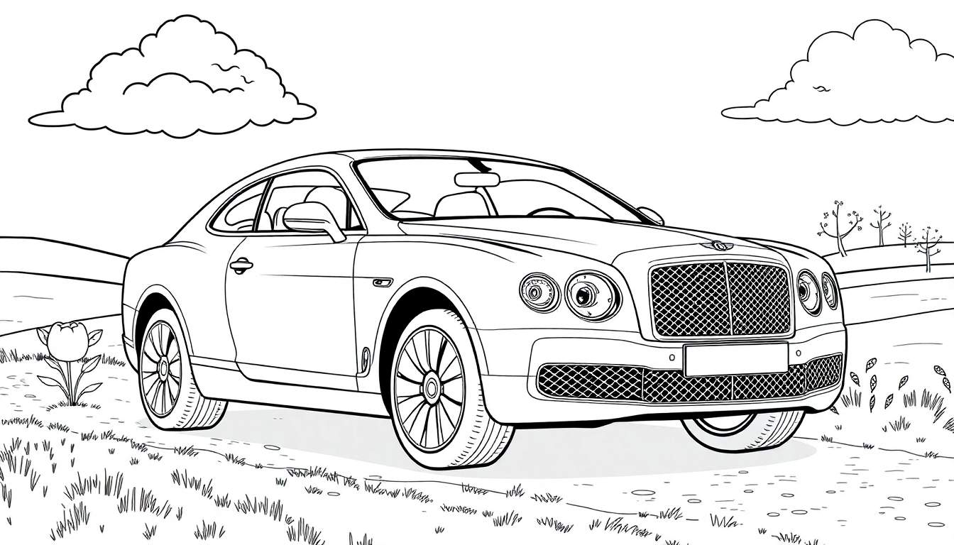 Une Bentley classique dans un color panel sur un fond de paysage pastoral.
