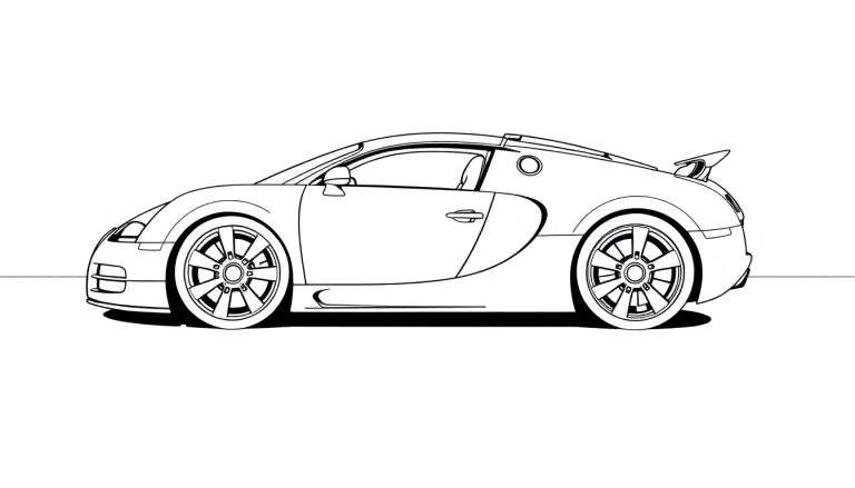 Dessin au trait d'une voiture de sport de profil, style coloriage.