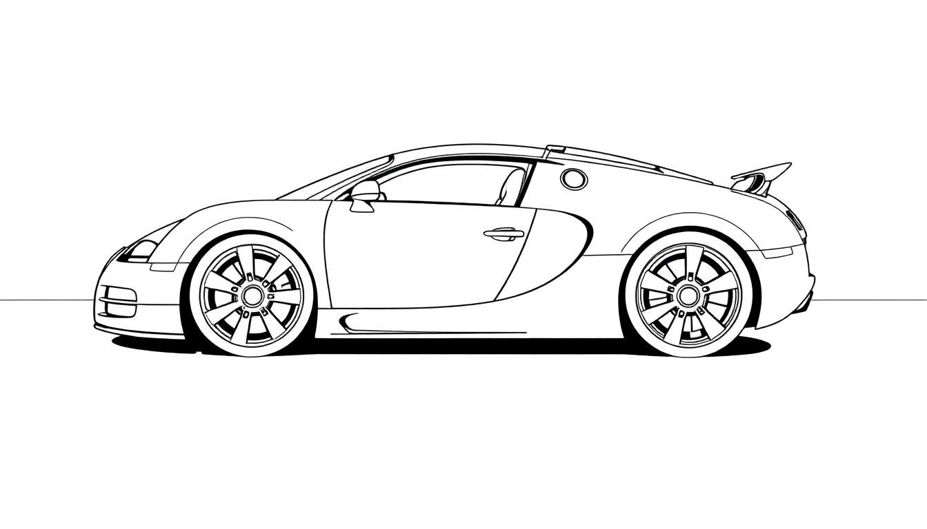 Dessin au trait d'une voiture de sport de profil, style coloriage.