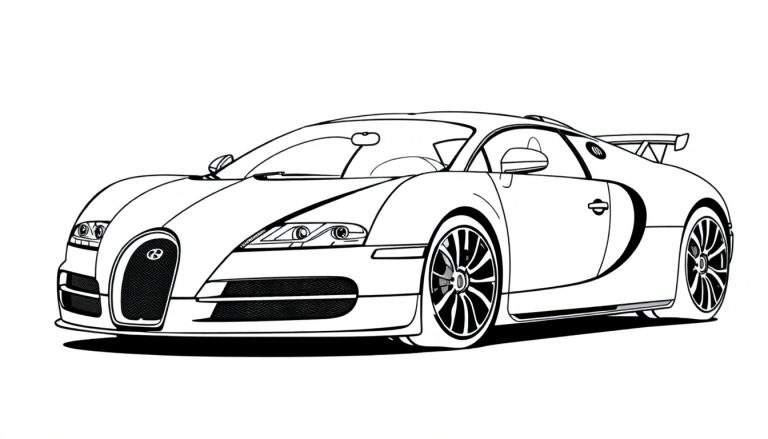 Dessin au trait d'une Bugatti Veyron en noir et blanc, vue de trois quarts avant, prête pour le color panel.