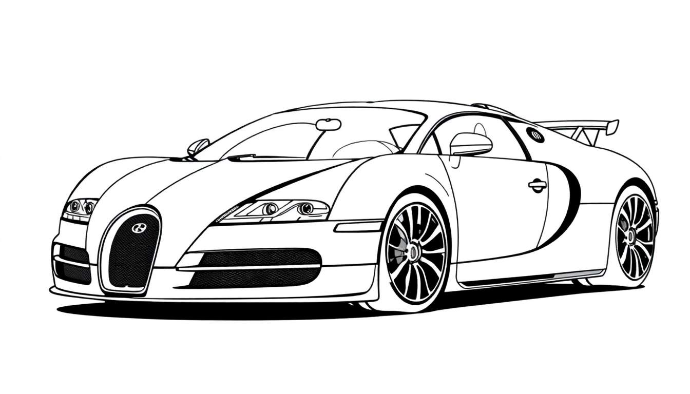 Dessin au trait d'une Bugatti Veyron en noir et blanc, vue de trois quarts avant, prête pour le color panel.