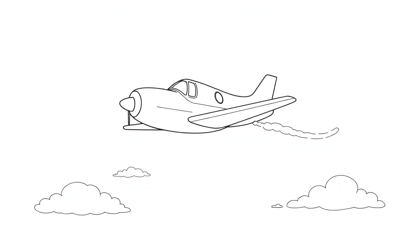 Un avion dessin animé avec une hélice et une traînée de fumée vole dans un ciel blanc avec des nuages, sur un color panel.