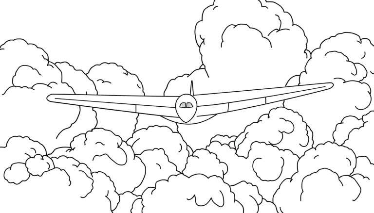 Dessin au trait d'un avion stylisé volant à travers des nuages.