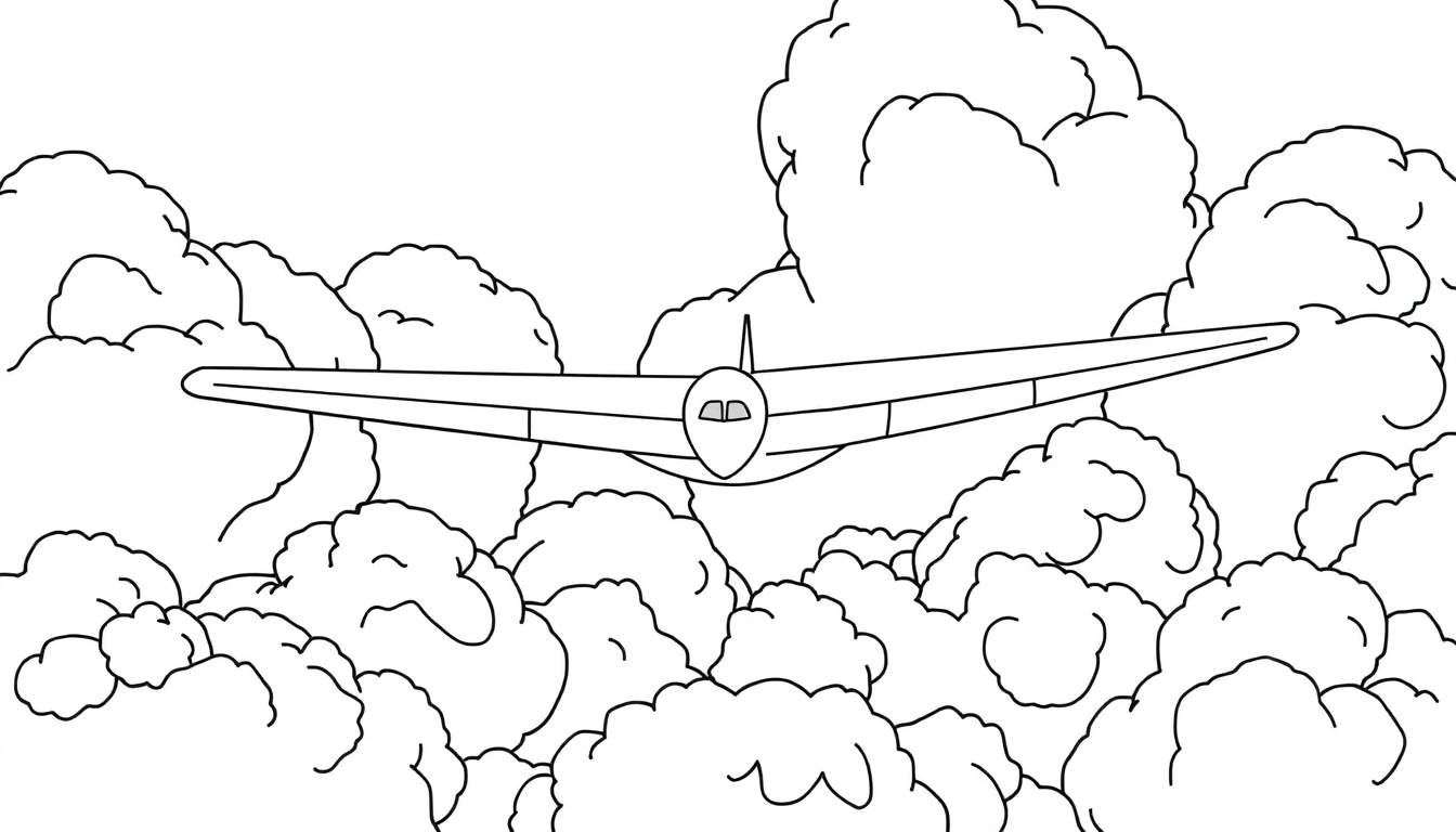 Dessin au trait d'un avion stylisé volant à travers des nuages.