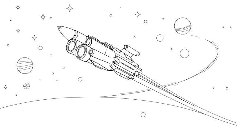 Dessin au trait d'un vaisseau spatial aux réacteurs jumeaux et aux ailes, traversant un ciel étoilé avec des planètes et une courbe de trajectoire. Un color panel est visible.