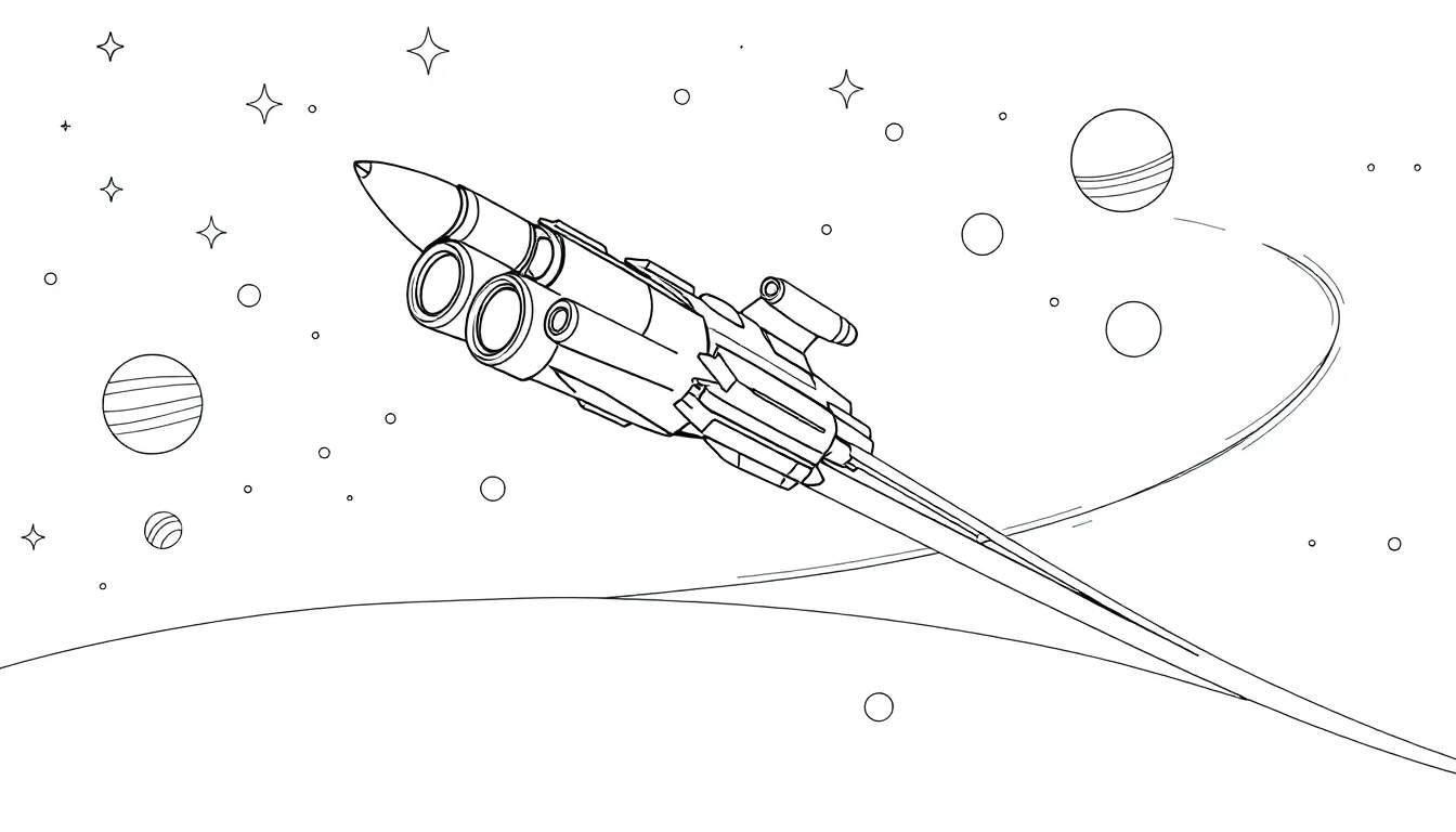 Dessin au trait d'un vaisseau spatial aux réacteurs jumeaux et aux ailes, traversant un ciel étoilé avec des planètes et une courbe de trajectoire. Un color panel est visible.