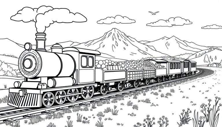 Un train à vapeur dessiné en noir et blanc traverse un paysage de montagnes et de campagne avec des nuages, un oiseau et une maison au loin. Le train a de la fumée qui sort de sa cheminée.