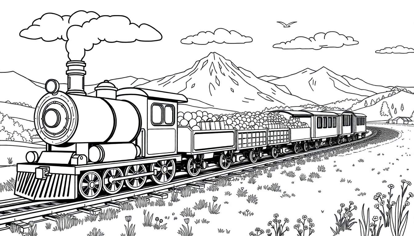 Un train à vapeur dessiné en noir et blanc traverse un paysage de montagnes et de campagne avec des nuages, un oiseau et une maison au loin. Le train a de la fumée qui sort de sa cheminée.