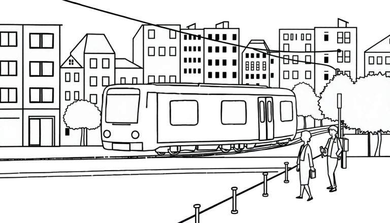 Illustration noir et blanc d'une ville avec un tramway et des personnes attendant à un arrêt, style dessin au trait, avec des éléments de color panel.