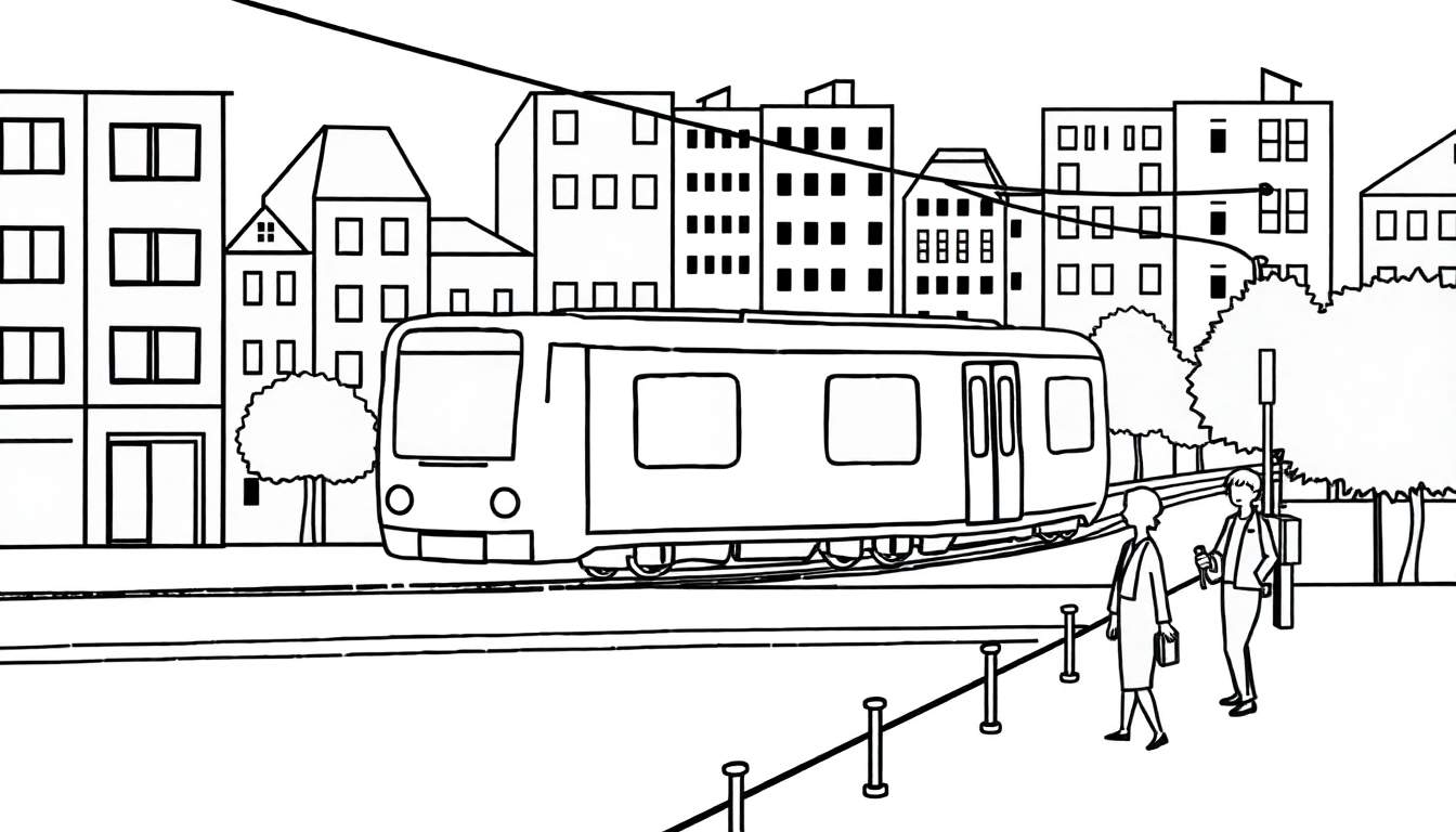 Illustration noir et blanc d'une ville avec un tramway et des personnes attendant à un arrêt, style dessin au trait, avec des éléments de color panel.