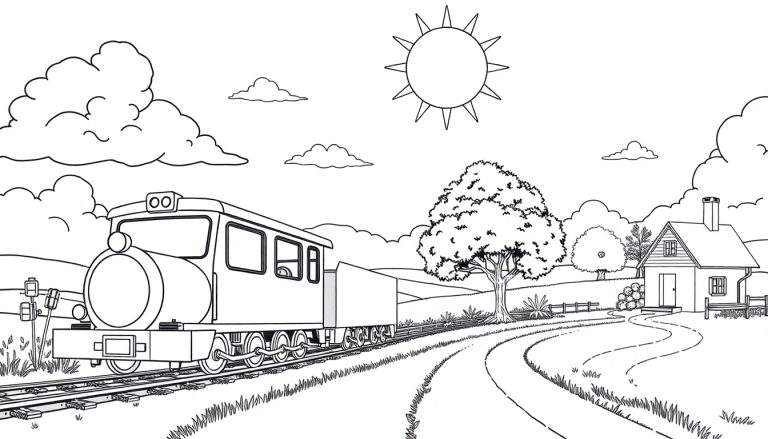 Un train dessiné au trait traversant un paysage de campagne avec un arbre et une maison.