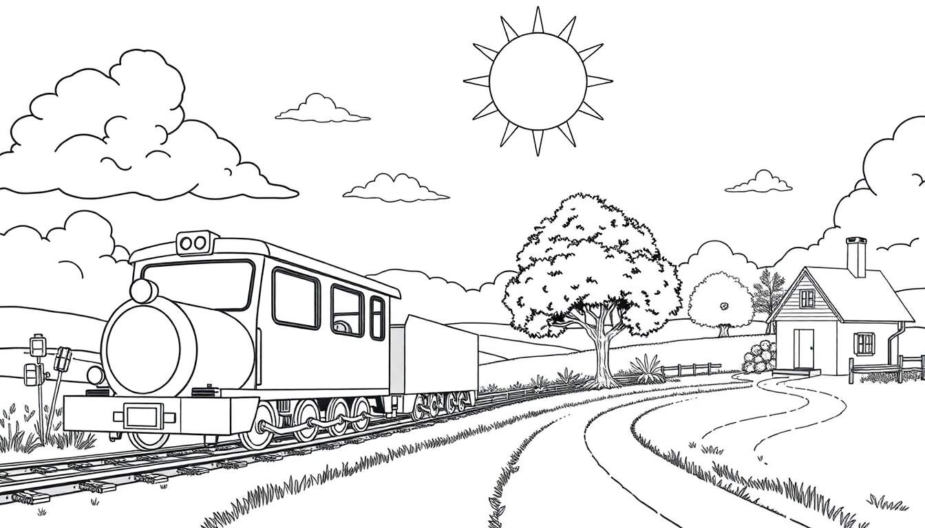 Un train dessiné au trait traversant un paysage de campagne avec un arbre et une maison.