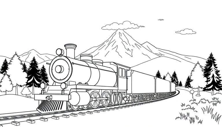 Un train à vapeur traversant un paysage montagneux et boisé, tiré par un color panel.