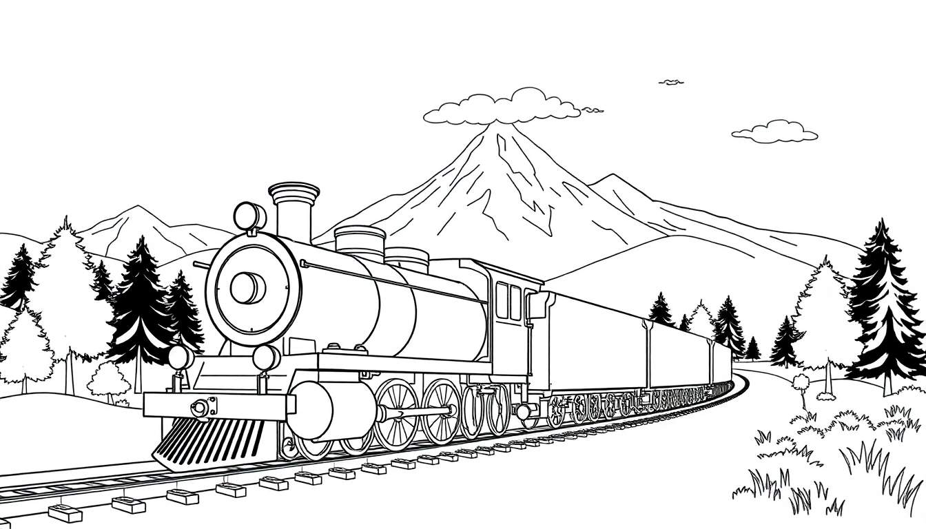 Un train à vapeur traversant un paysage montagneux et boisé, tiré par un color panel.