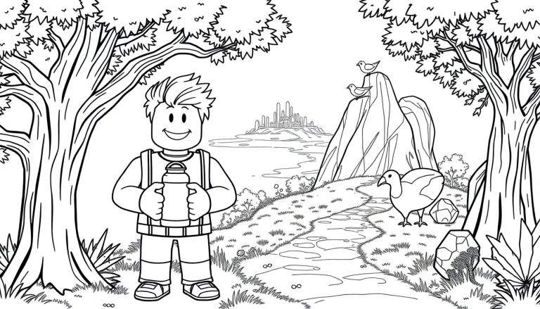 Un personnage de type Roblox tenant une bouteille, marchant sur un chemin bordé d'arbres vers une ville futuriste, avec des oiseaux perchés sur une montagne. Un panneau coloré est visible.