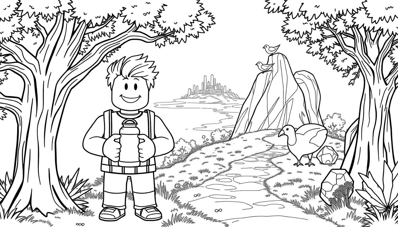 Un personnage de type Roblox tenant une bouteille, marchant sur un chemin bordé d'arbres vers une ville futuriste, avec des oiseaux perchés sur une montagne. Un panneau coloré est visible.