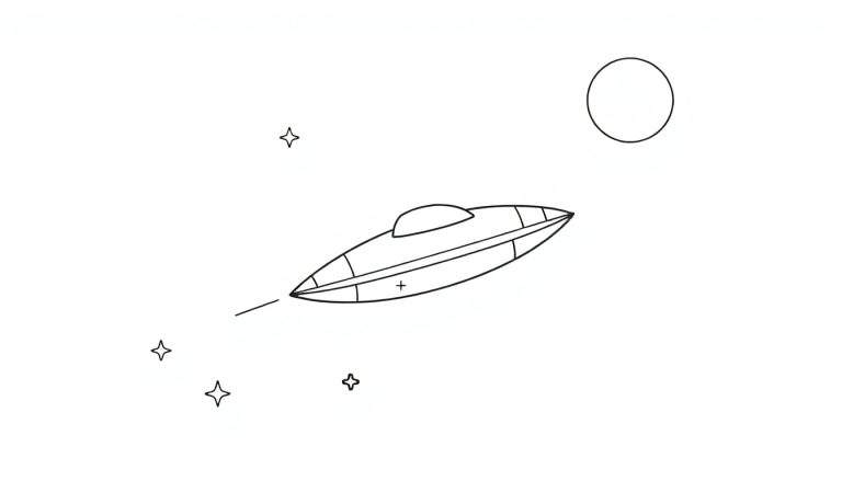 Un OVNI en noir et blanc navigue dans l'espace près d'un cercle lumineux et d'étoiles.