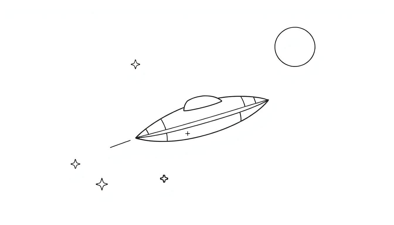 Un OVNI en noir et blanc navigue dans l'espace près d'un cercle lumineux et d'étoiles.