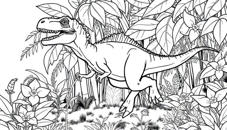 Un dinosaure Vélociraptor en noir et blanc, prêt à être colorié.