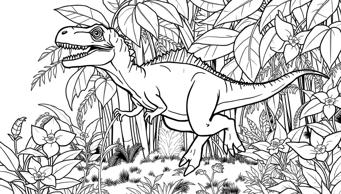 Un dinosaure Vélociraptor en noir et blanc, prêt à être colorié.