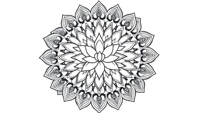 Mandala noir et blanc complexe avec des motifs floraux répétitifs.