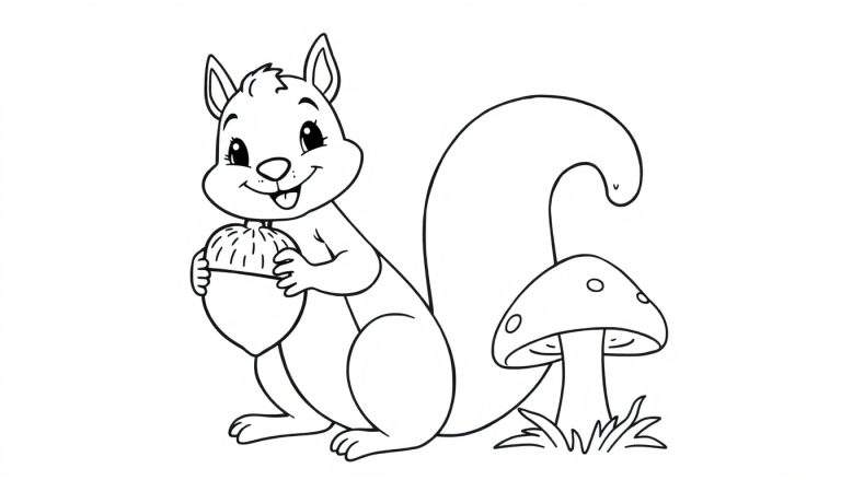 Une coloriage de dessin animé d'une jolie équerre tenant une glands et tirant sa langue à côté d'un champignon.