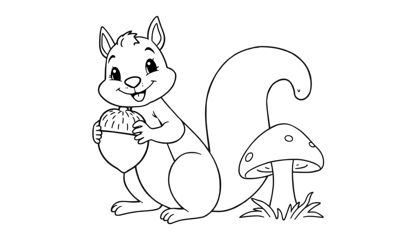 Une coloriage de dessin animé d'une jolie équerre tenant une glands et tirant sa langue à côté d'un champignon.