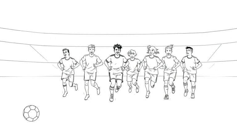 Une équipe de football colorée prend la pose avec un ballon dans un stade, un color panel d'inspiration.