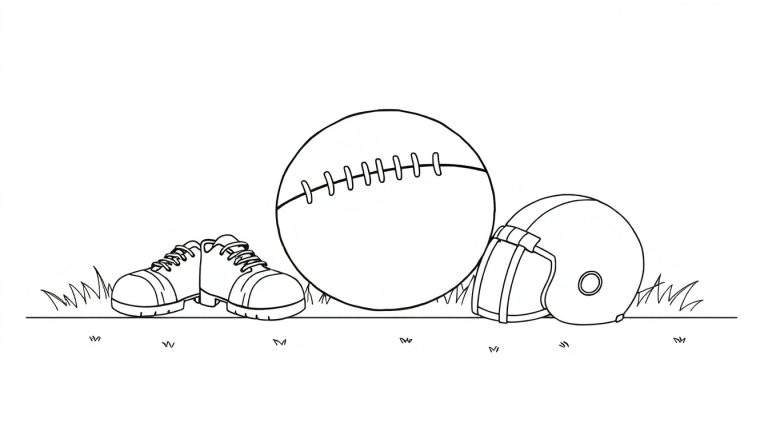 Un ballon de football américain, un casque et des crampons sur de l'herbe, un color panel de l'équipement de football.