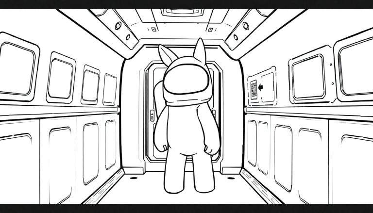 Personnage d'Among Us dans un couloir futuriste, illustration en noir et blanc avec un color panel.