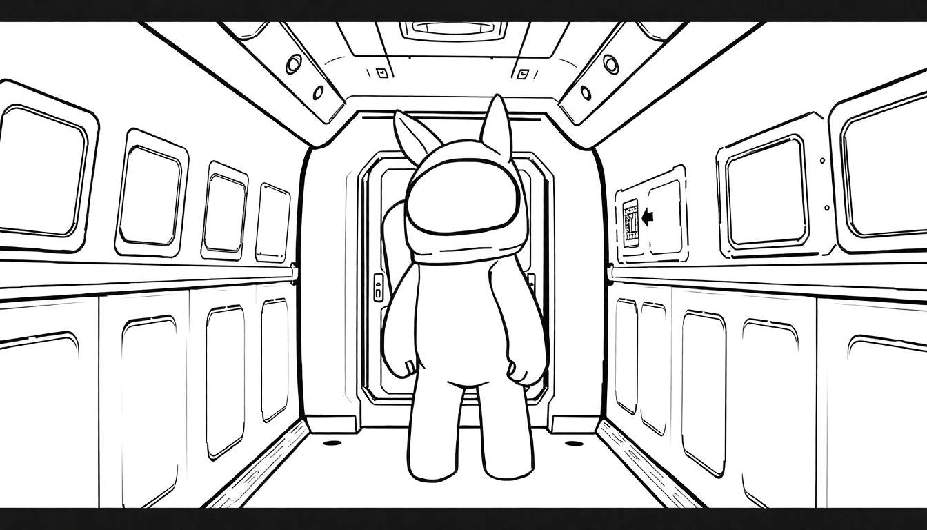 Personnage d'Among Us dans un couloir futuriste, illustration en noir et blanc avec un color panel.