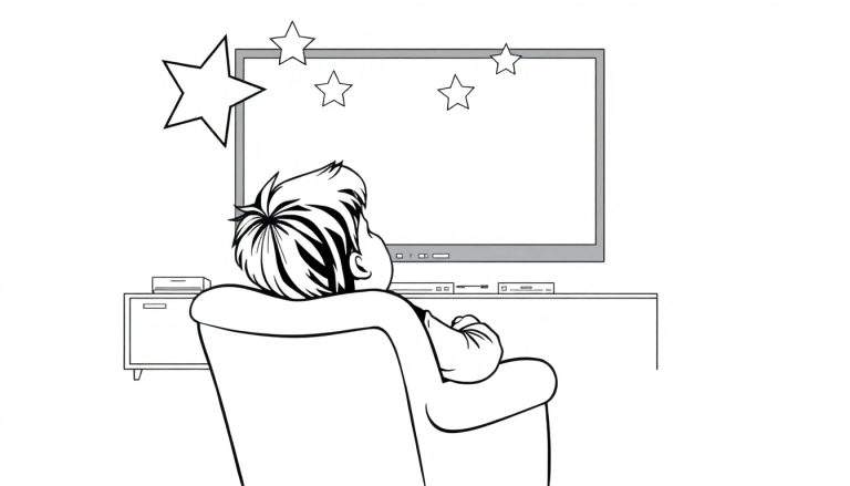 Un enfant vu de dos assis dans un fauteuil confortable, regardant la télévision avec des étoiles flottantes autour. Ce dessin au trait est une scène amusante pour un color panel.