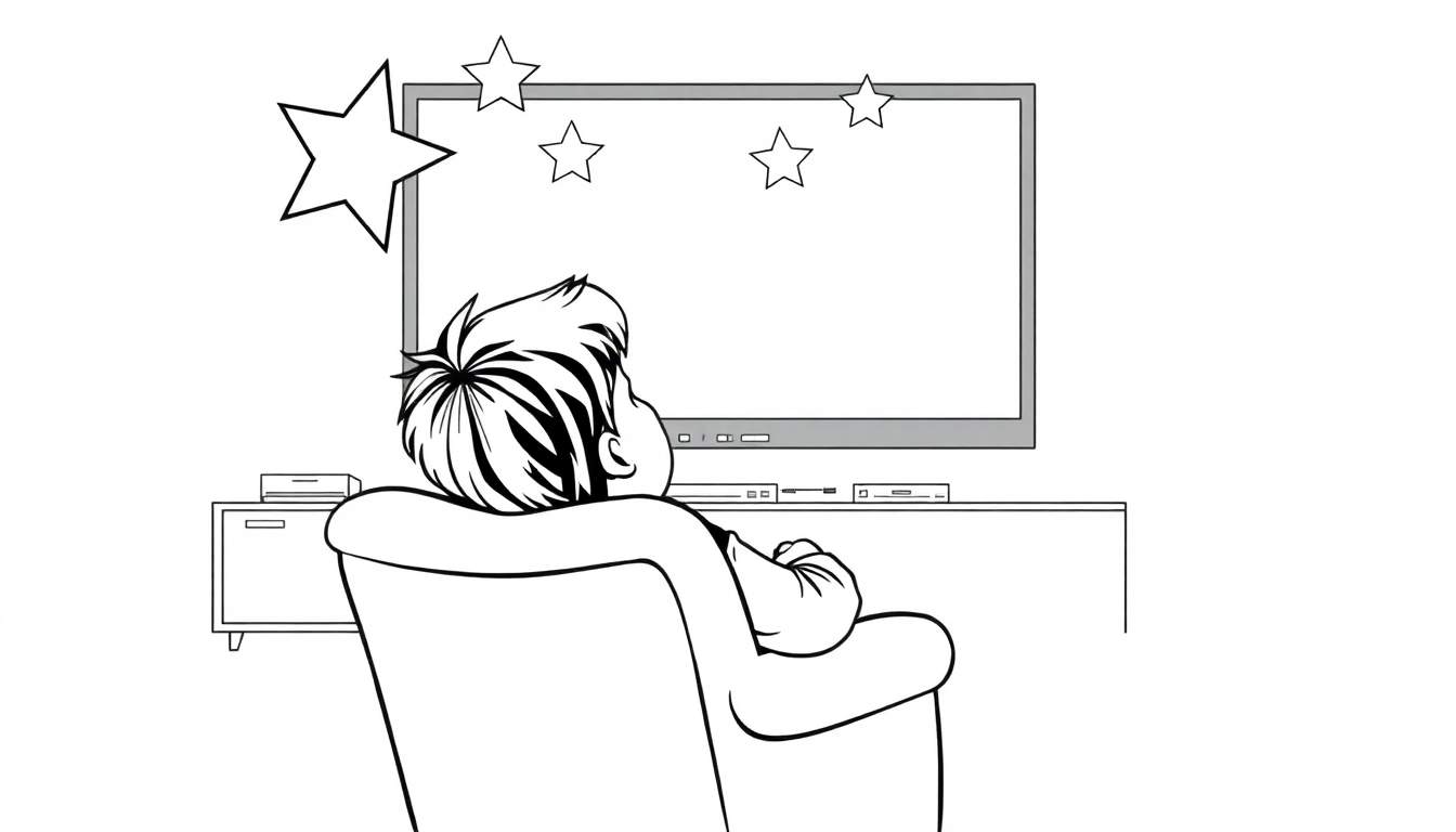 Un enfant vu de dos assis dans un fauteuil confortable, regardant la télévision avec des étoiles flottantes autour. Ce dessin au trait est une scène amusante pour un color panel.