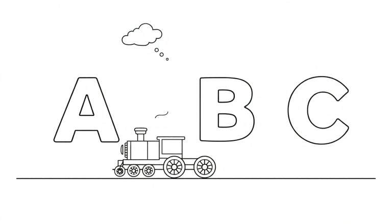 Dessin de train sous les lettres A, B, C dans un color panel.