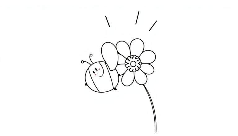 Dessin au trait d'une abeille joyeuse près d'une fleur, prêt pour le coloriage dans le color panel.