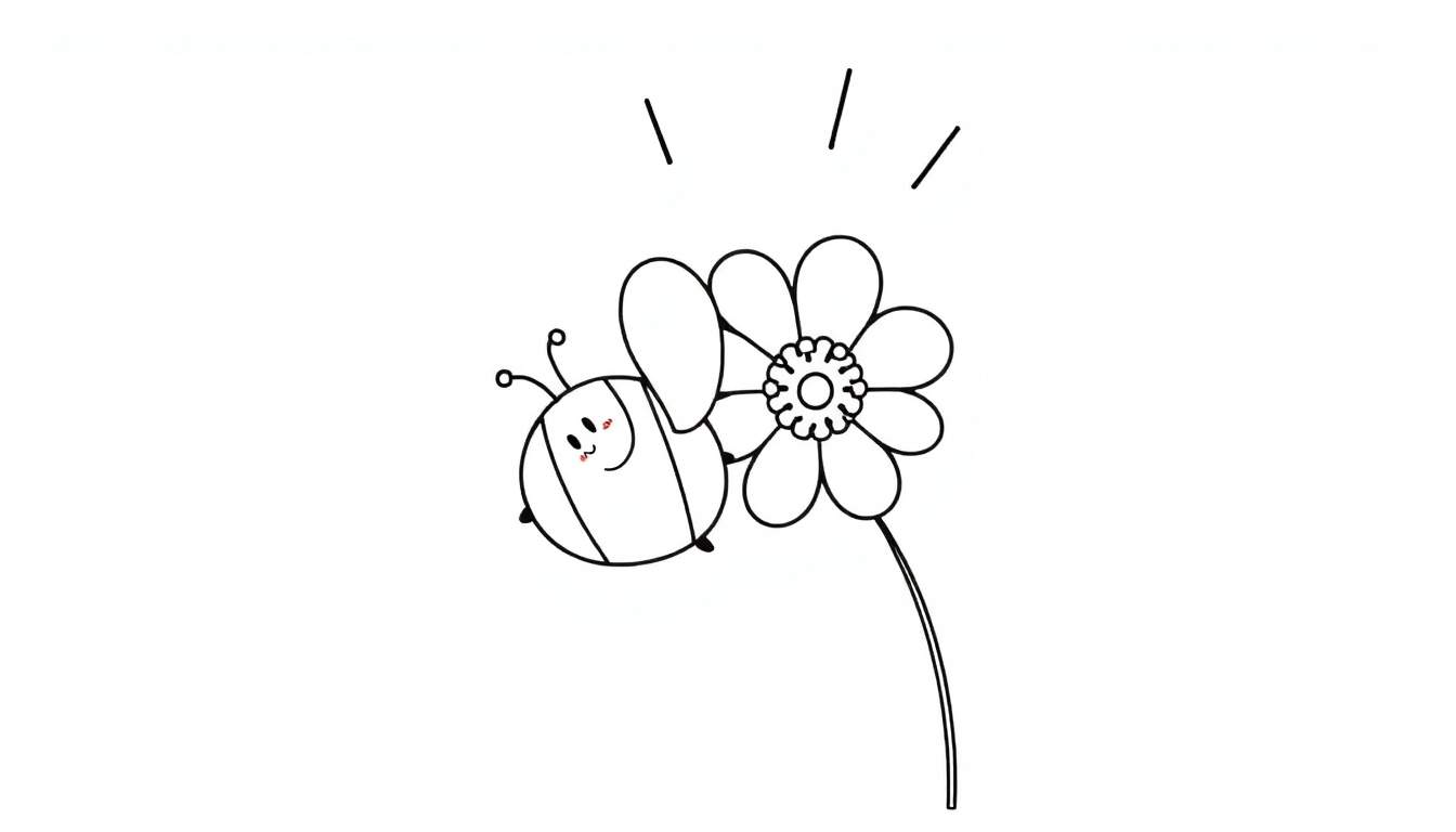 Dessin au trait d'une abeille joyeuse près d'une fleur, prêt pour le coloriage dans le color panel.