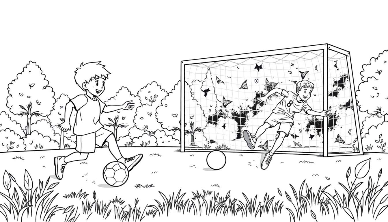 Deux enfants jouent au football dans un parc, l'un dribble et l'autre essaie d'arrêter le ballon. Ce color panel montre une scène sportive amusante.