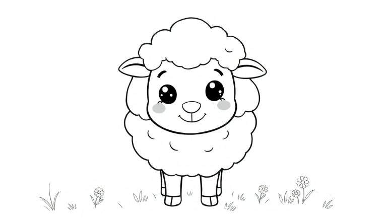 Un dessin au trait d'un adorable agneau de dessin animé sur un fond blanc, prêt à être coloré avec des éléments de la nature.