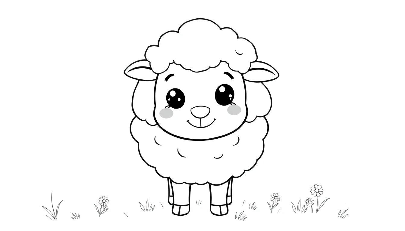 Un dessin au trait d'un adorable agneau de dessin animé sur un fond blanc, prêt à être coloré avec des éléments de la nature.