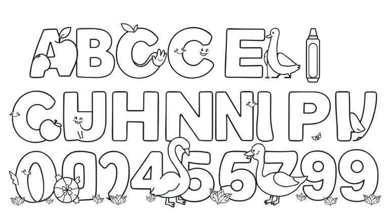 Panneau de coloriage alphabet et chiffres pour enfants avec personnages dessinés.