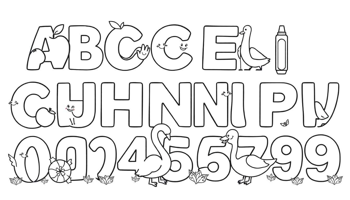 Panneau de coloriage alphabet et chiffres pour enfants avec personnages dessinés.
