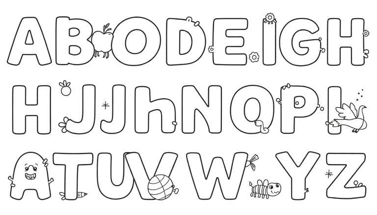 Un panneau à colorier avec un alphabet illustré en noir et blanc.