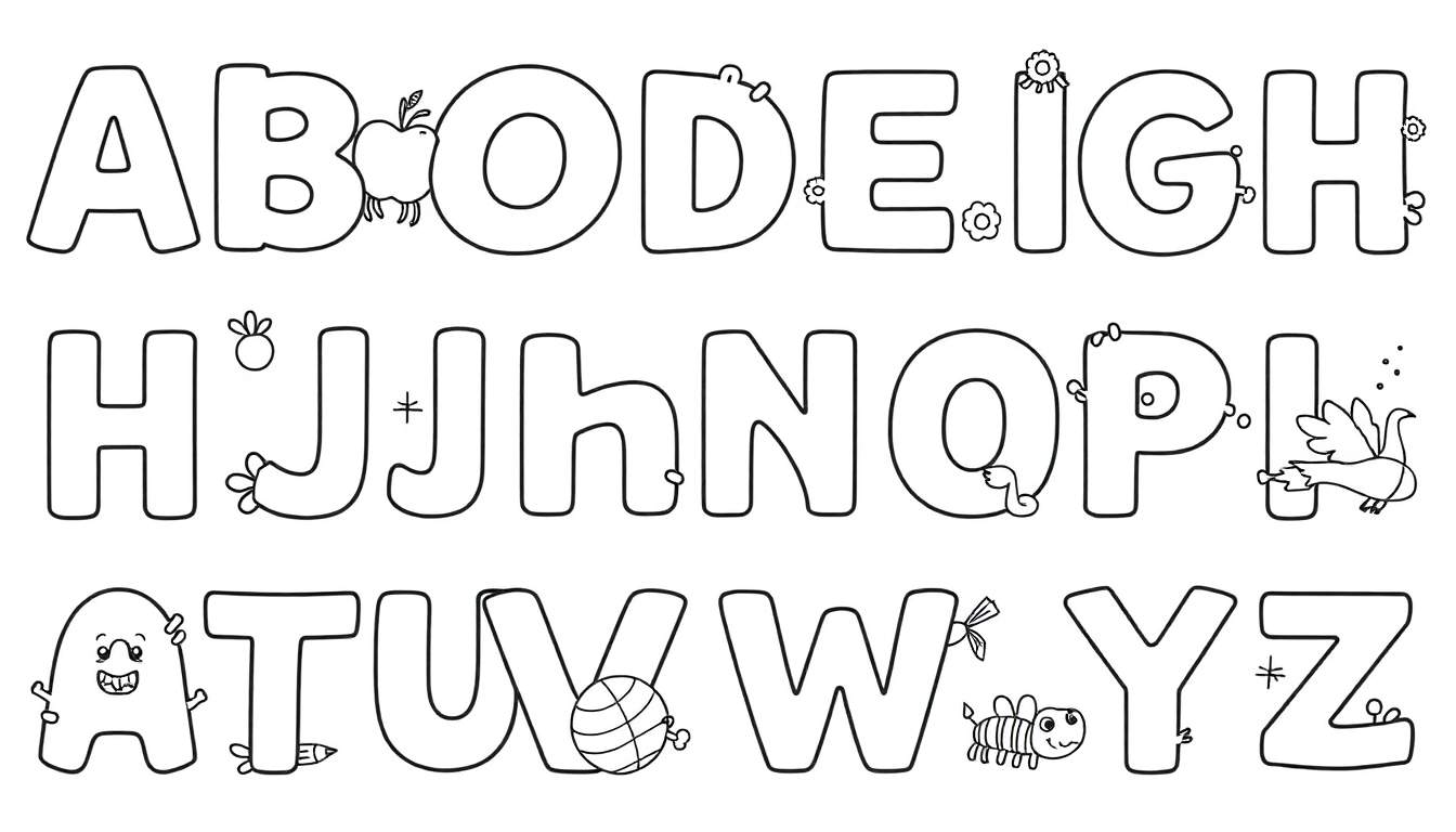 Un panneau à colorier avec un alphabet illustré en noir et blanc.