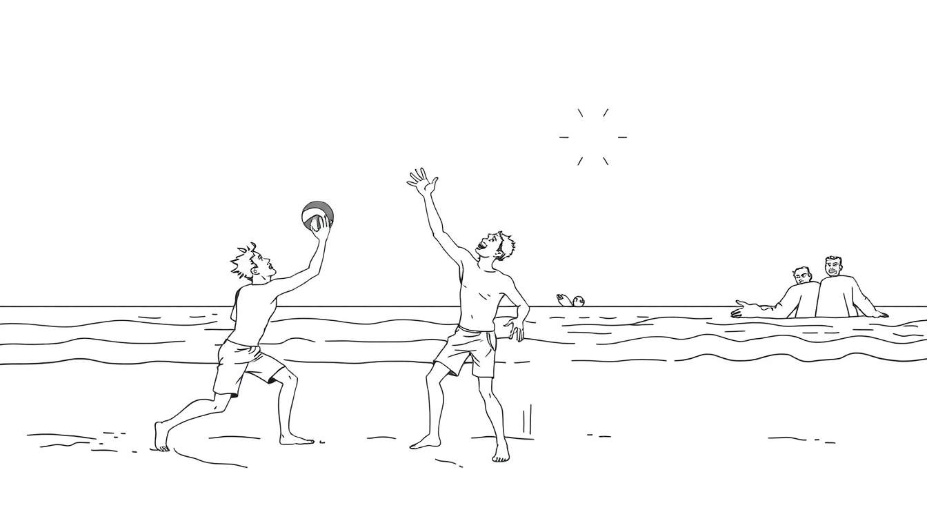 Deux enfants colorient une plage ensoleillée avec des joueurs de volley-ball, un color panel.
