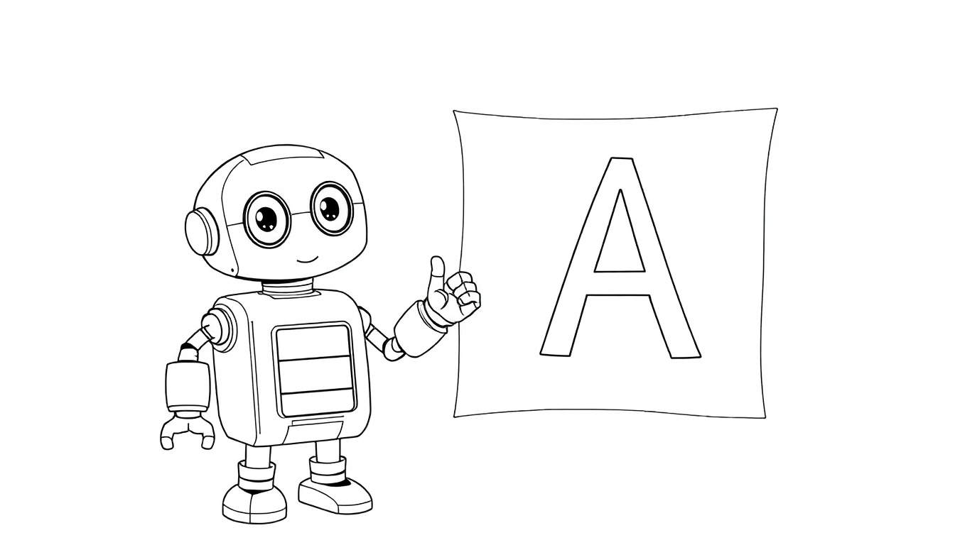 Un robot souriant avec des lunettes rondes lève le pouce, à côté d'un grand carré avec la lettre A, sur un color panel.