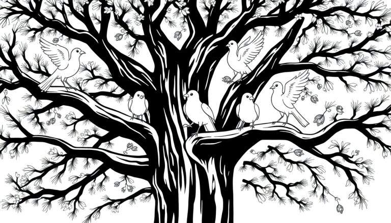 Dessin en noir et blanc d'un grand arbre avec des oiseaux perchés sur ses branches, conçu comme un color panel.